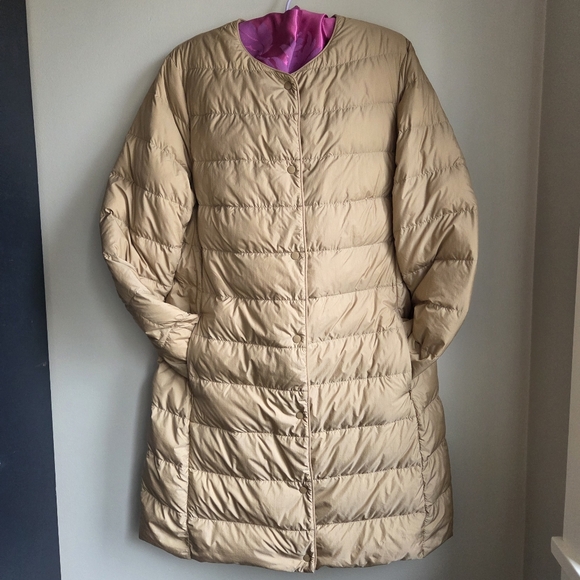 Uniqlo Down EUC Ultra Light, Tan Puffer Coat Cardigan Sweater Warm L - Picture 1 of 16